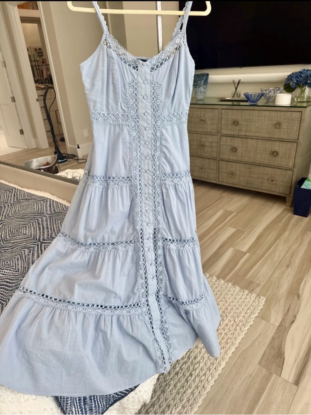 Aqua Light Blue Lace-Trim Maxi Dress